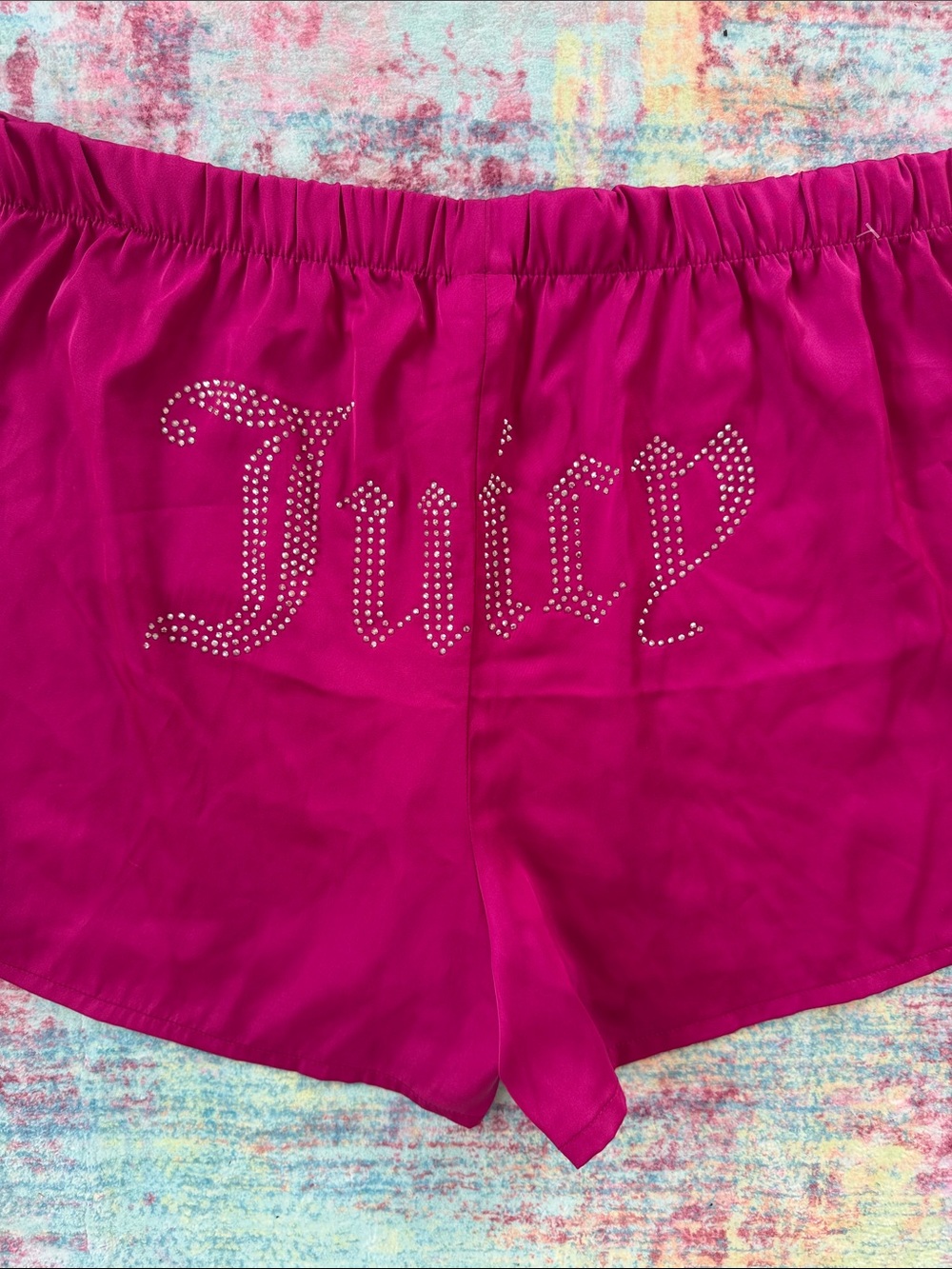💜NEVER WORN Juicy Couture Fuchsia Satin Shorts with Rhinestone Juicy Logo